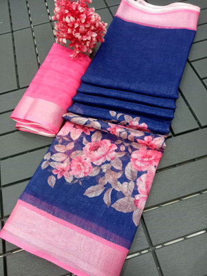 HouseOfCommon Printed Kanjivaram Cotton Linen, Pure Cotton Saree(Dark Blue, Pink)