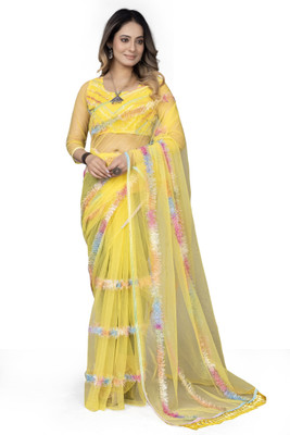 Apnisha Embroidered Bollywood Net Saree(Yellow)
