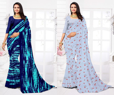 Panchvati NX Printed Daily Wear Georgette Saree(Pack of 2, Grey, Dark Blue)