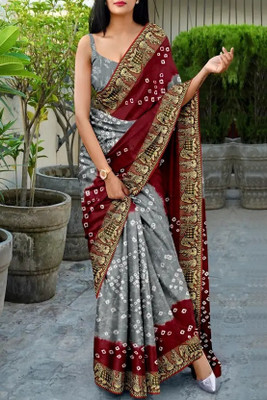 rajranitextiles Printed Bandhani Georgette Saree(Grey, Red)