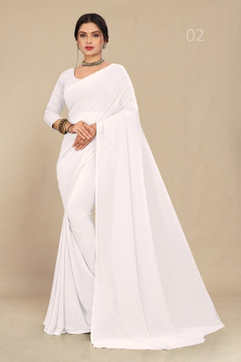 STAVA CREATION Solid/Plain Daily Wear Georgette Saree(White)