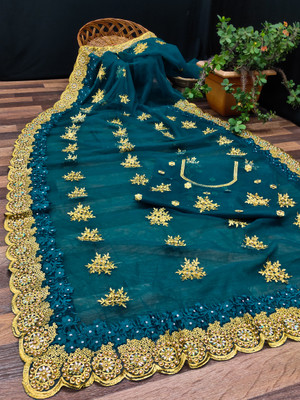 Radheradhey Embroidered, Floral Print Bollywood Net Saree(Dark Green)