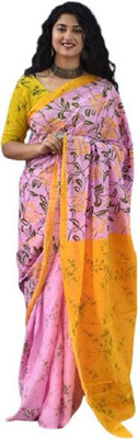 Clothonus Printed, Self Design, Hand Painted, Blocked Printed, Graphic Print Bollywood Pure Cotton Saree(Yellow)