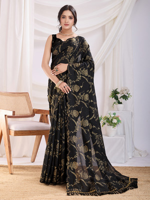 RekhaManiyar Floral Print Bollywood Silk Blend Saree(Black)