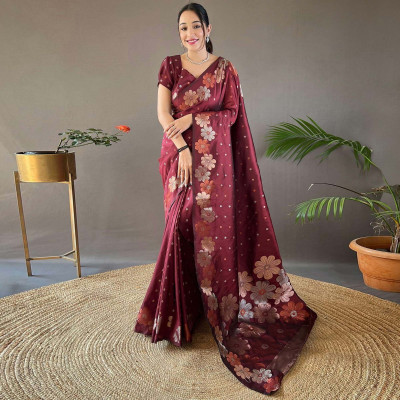 ESOMIC Striped Banarasi Pure Silk Saree(Maroon)