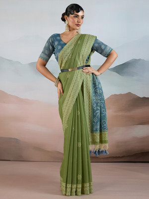 House of Pataudi Printed Banarasi Pure Cotton Saree(Green)