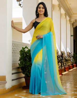 SIRIL Solid/Plain Bollywood Chiffon, Georgette Saree(Yellow, Blue)
