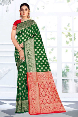 Radharani fusion Woven, Self Design Paithani Cotton Silk Saree(Green, Red)