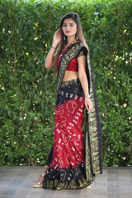 rajranitextiles Printed Bandhani Georgette Saree(Red, Black)