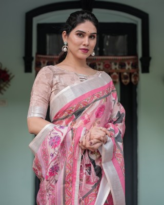 ALMAARI FASHION Digital Print Bhagalpuri Cotton Linen Saree(Pink)