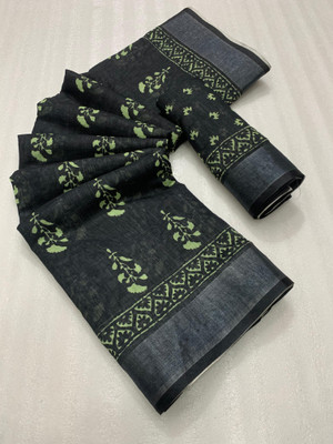 2SD gratitude Solid/Plain, Self Design, Digital Print, Printed Daily Wear Linen, Cotton Linen Saree(Black)