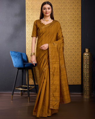 DOI MOI Embellished, Solid/Plain, Self Design Bollywood Tussar Silk, Silk Blend Saree(Brown)