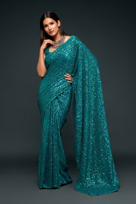 DIVINE INTERNATIONAL TRADING CO Embroidered Bollywood Georgette Saree(Light Blue)