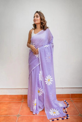 WINKLECART Floral Print Handloom Pure Cotton Saree(Purple)