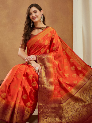 Tasrika Woven Banarasi Cotton Silk Saree(Orange)