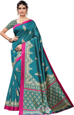 Grubstaker Printed Daily Wear Art Silk Saree(Light Blue)