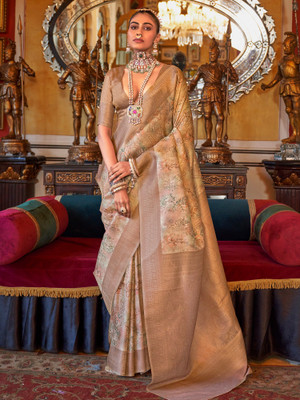Tasrika Woven Kanjivaram Silk Blend Saree(Beige)