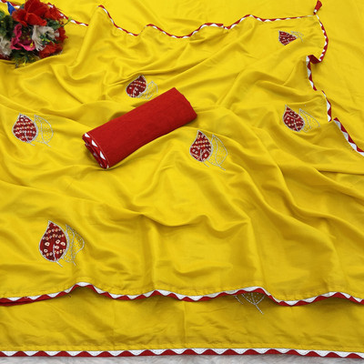 Ethina Fashion Embroidered Bollywood Silk Blend Saree(Yellow)