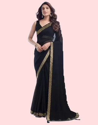 Pancham Solid/Plain Saree with Attached Blouse Georgette Saree(Black)