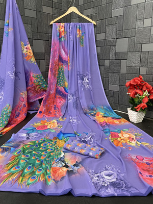 Jumki Fashion Floral Print Bollywood Georgette Saree(Purple)