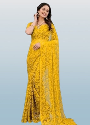Nexaafashion Floral Print Bollywood Net Saree(Pack of 2, Yellow)