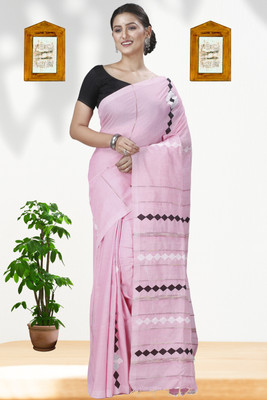 GitAsit Striped Handloom Pure Cotton Saree(Pink)