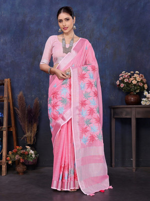 NEGRONI Printed Daily Wear Cotton Linen Saree(Pink)