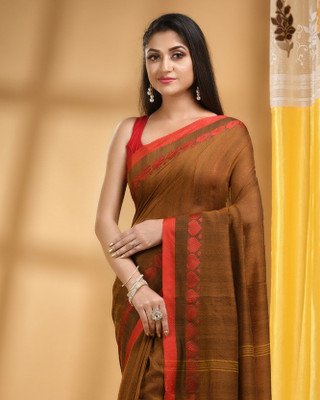Desh Bidesh Woven, Self Design, Striped, Solid/Plain Handloom Handloom Cotton Blend, Pure Cotton Saree(Brown)