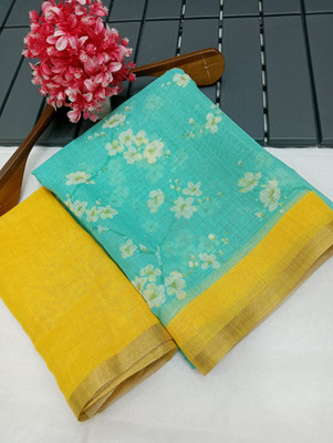 HangerStories Printed Kanjivaram Linen, Cotton Linen Saree(Light Green, Yellow)