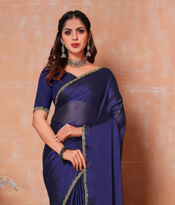 Vraggi Solid/Plain Bollywood Polyester, Georgette Saree(Dark Blue)