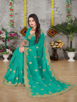 BUTTERSILK FASHION Embroidered Bollywood Georgette Saree(Dark Green)