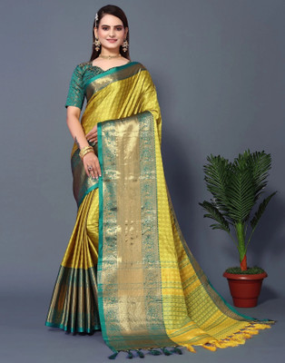 HouseOfCommon Woven, Checkered, Embellished, Self Design Narayanpet Jacquard, Cotton Silk Saree(Yellow)