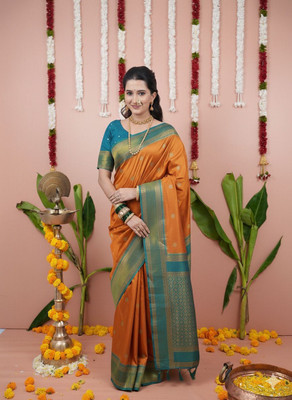 RASIFASHION Woven Paithani Silk Blend Saree(Orange)