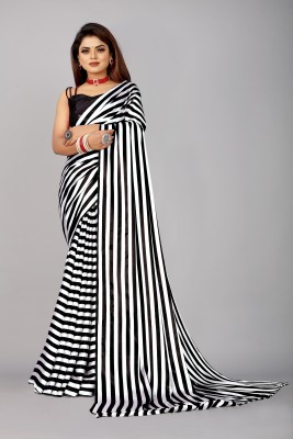 SM TRENDZ Printed, Striped Bollywood Satin Saree(White, Black)