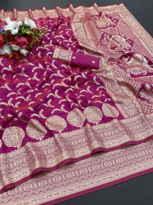 nikchi hub Graphic Print Banarasi Pure Silk Saree(Magenta)