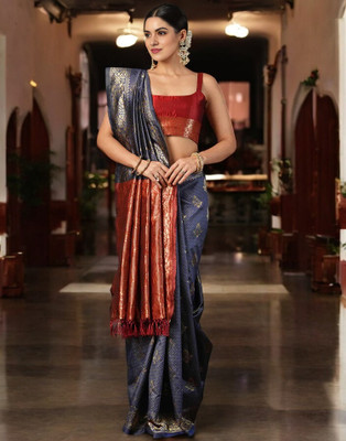 Blissta Woven Banarasi Silk Blend Saree(Blue)
