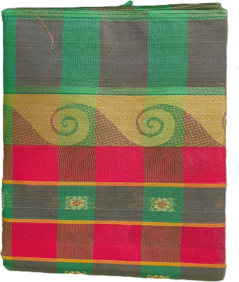 Charvi Color Block Tant Pure Cotton Saree(Green, Red)