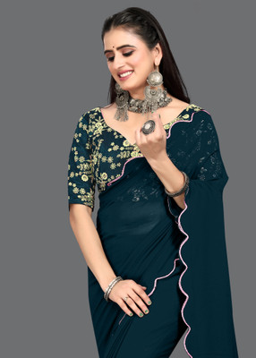 Brahmani Creation Solid/Plain Bollywood Georgette Saree(Blue)