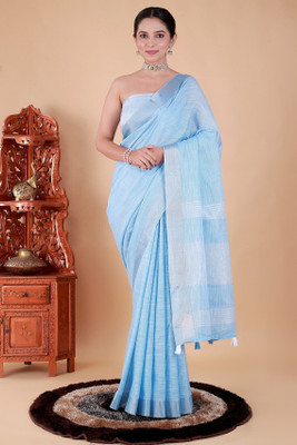 NEGRONI Solid/Plain Daily Wear Linen Saree(Light Blue)