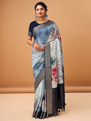 VASTRA VILLA Digital Print Kanjivaram Viscose Rayon Saree(Blue)