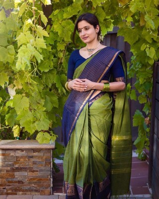 VISVASTA Self Design Kanjivaram Jacquard, Cotton Blend Saree(Light Green)