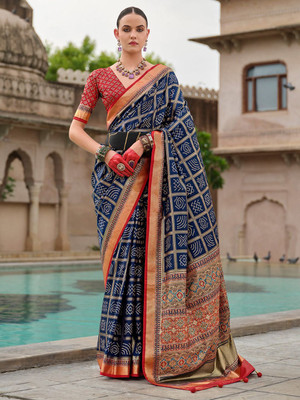 ANOUK Woven Bandhani Silk Blend Saree(Dark Blue)