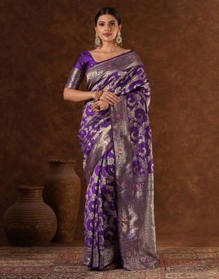 Silkra Woven, Floral Print, Embellished, Temple Border, Self Design Banarasi Art Silk, Jacquard Saree(Purple)