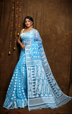HouseOfCommon Printed Jamdani Cotton Linen Saree(Blue)