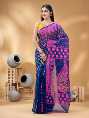 TANTLOOM Woven Jamdani Handloom Cotton Blend Saree(Blue)