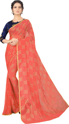 V And V Shop Embroidered Bollywood Chiffon Saree(Cream)
