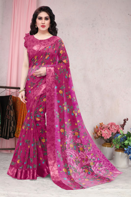 MIRCHI FASHION Printed, Floral Print Daily Wear Cotton Blend Saree(Pink, Multicolor)