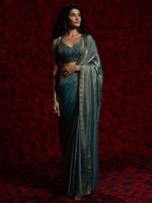 ANOUK Embellished Bollywood Satin Saree(Blue)