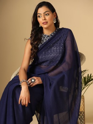 VILLAGIUS Embroidered Daily Wear Georgette Saree(Dark Blue)