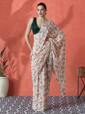 Sangria Printed Daily Wear Georgette Saree(Cream)